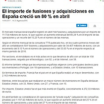 El importe de fusiones y adquisiciones en Espaa creci un 80 % en abril